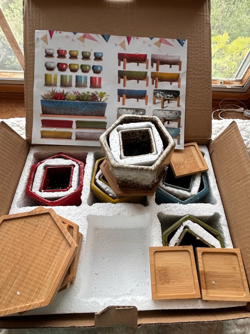 Colorful Ceramic Succulent Planter Set 12 Pots Bamboo Trays Hexagon and Square
